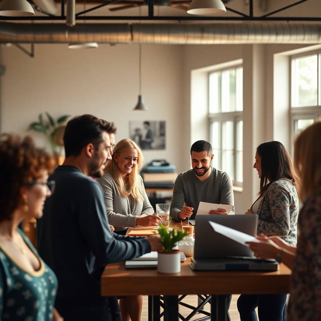diverse group of people working together in community center, warm lighting, professional photography